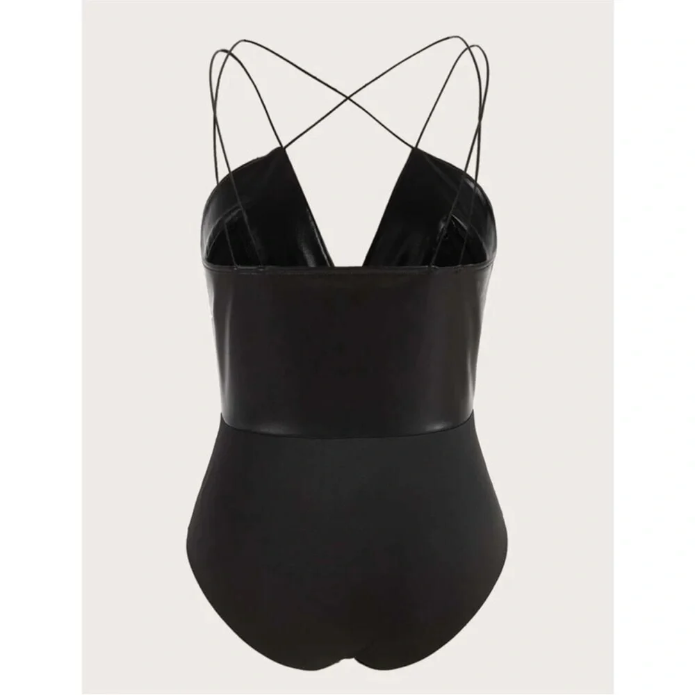 Plus Contrast Leather Crisscross Bodysuit - Picture 2 of 2
